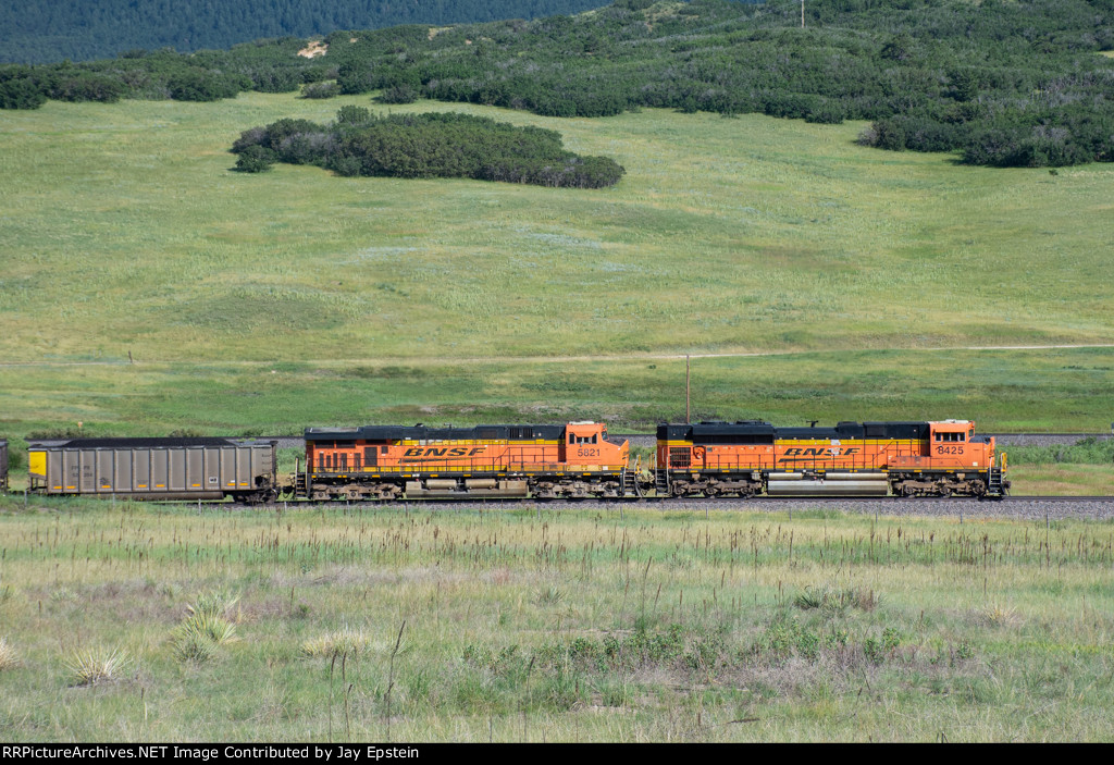 BNSF 8425 and BNSF 5821 lead a coal train down the Joint Line 